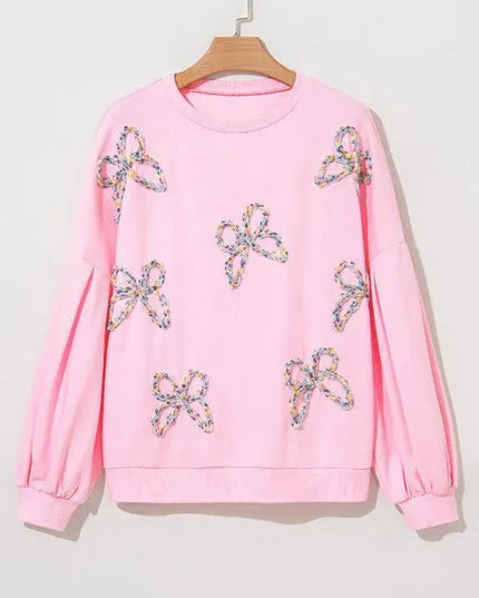 Bow Detail Opaque Long Sleeve Pullover Sweatshirt