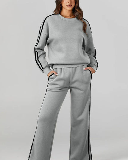 Cozy Round Neck Long Sleeve Activewear Set with Drawstring Pants