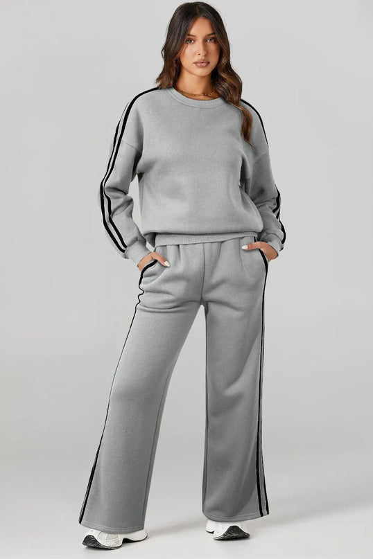 Cozy Round Neck Long Sleeve Activewear Set with Drawstring Pants