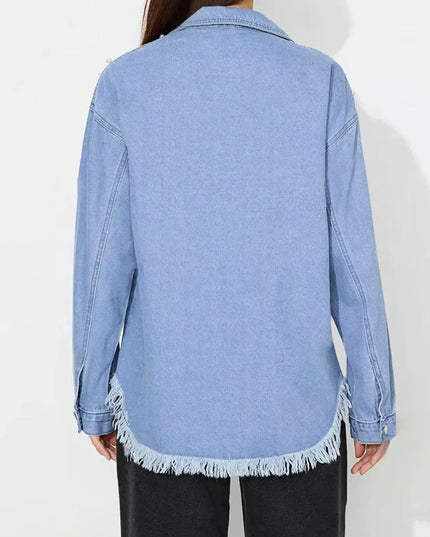 Raw Hem Pearl Trim Collared Neck Denim Top - ShopEasier