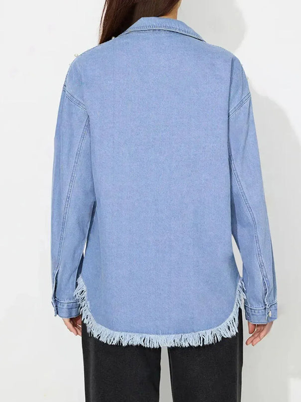 Raw Hem Pearl Trim Collared Neck Denim Top - ShopEasier