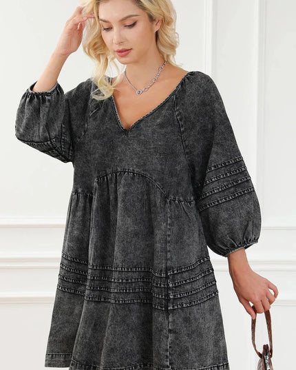 V-Neck Three Quarter Sleeve Denim Dress - ShopEasier