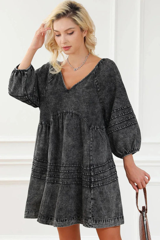 V-Neck Three Quarter Sleeve Denim Dress - ShopEasier