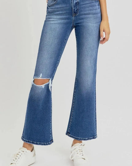 RISEN Full Size Distressed High Rise Crop Flare Jeans - ShopEasier