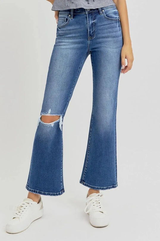 RISEN Full Size Distressed High Rise Crop Flare Jeans - ShopEasier