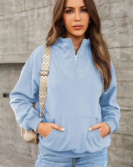 Casual Pocketed Quarter Zip Sweatshirt with Dropped Shoulders