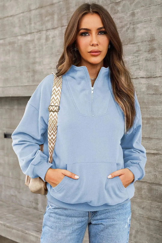 Casual Pocketed Quarter Zip Sweatshirt with Dropped Shoulders