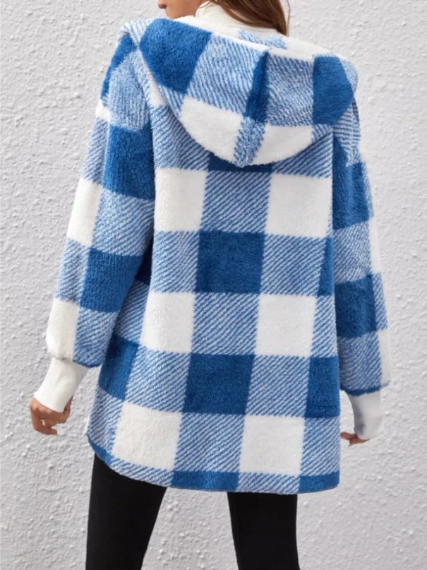 Plaid Long Sleeve Hooded Coat - ShopEasier