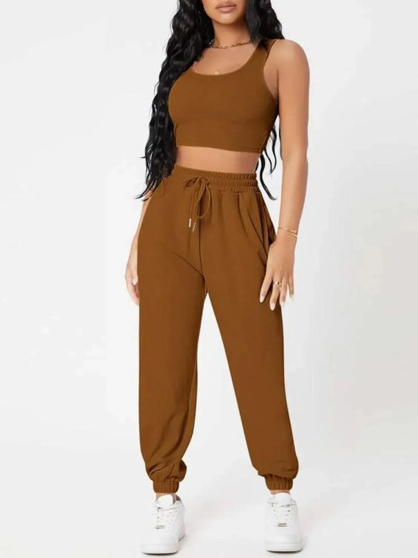 Wide Strap Top and Drawstring Joggers Set - ShopEasier