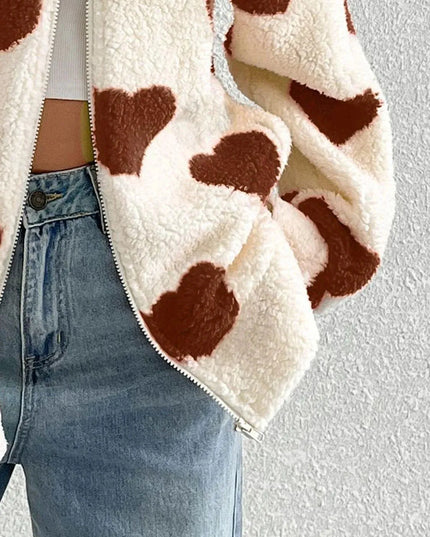 Heart Zip Up Drop Shoulder Furry Jacket - ShopEasier