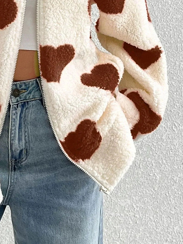 Heart Zip Up Drop Shoulder Furry Jacket - ShopEasier