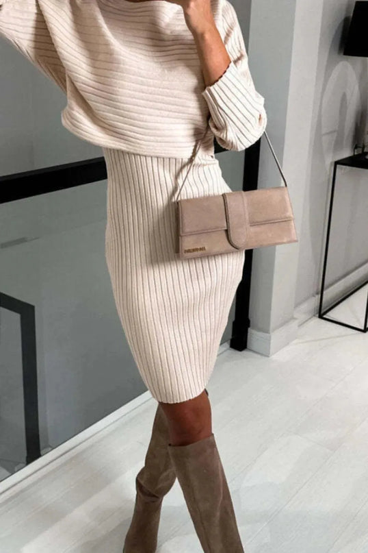 Ribbed Two-Piece Sweater Set with Round Neck Top and Cami Dress