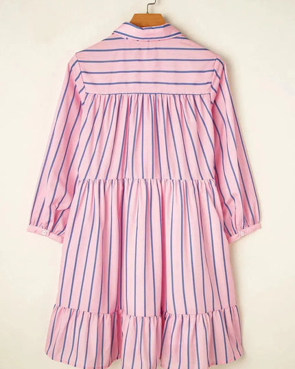 Striped Collared Neck Long Sleeve Mini Shirt Dress