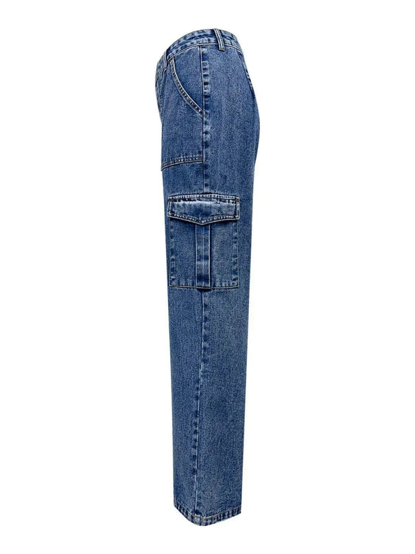 High Rise Straight Jeans with Cargo Pockets - ShopEasier