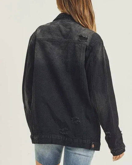 RISEN Full Size Distressed Long Sleeve Denim Jacket - ShopEasier