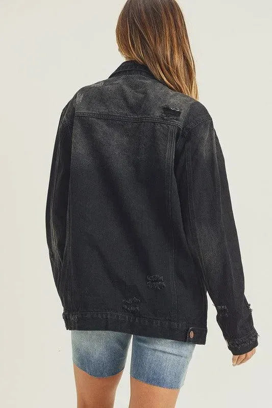 RISEN Full Size Distressed Long Sleeve Denim Jacket - ShopEasier