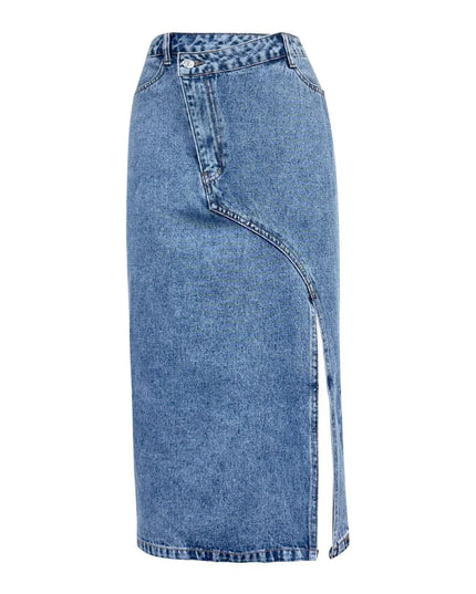 Slit Asymmetrical Waistband Midi Denim Skirt - ShopEasier