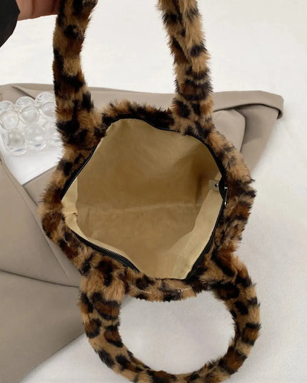 Leopard Print Fluff Zip-Up Handbag