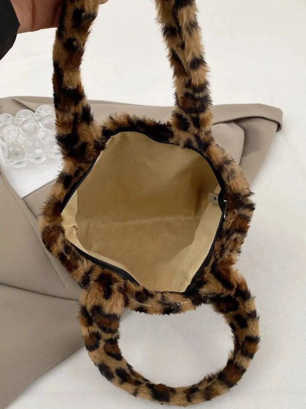 Leopard Print Fluff Zip-Up Handbag