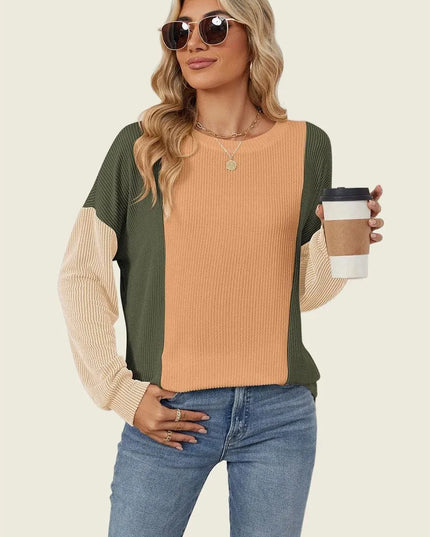 Textured Contrast Long Sleeve Round Neck Tee