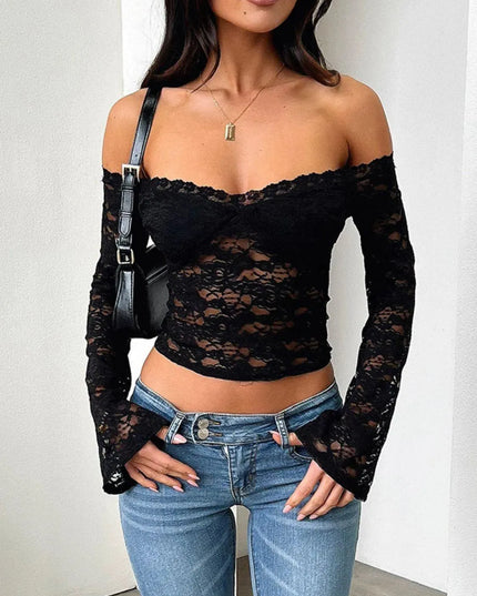 Elegant Semi-Sheer Lace Off-Shoulder Blouse