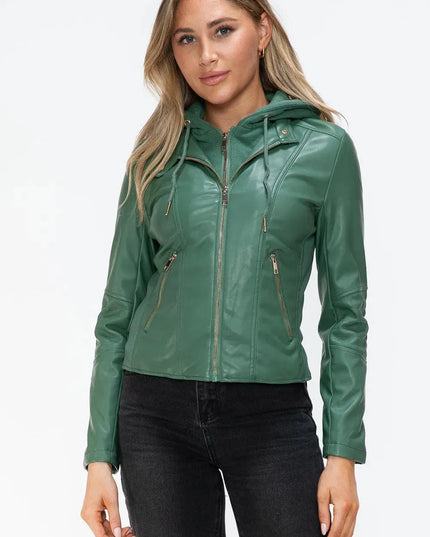 Snobbish Faux Leather Zip Up Drawstring Hooded Jacket - ShopEasier