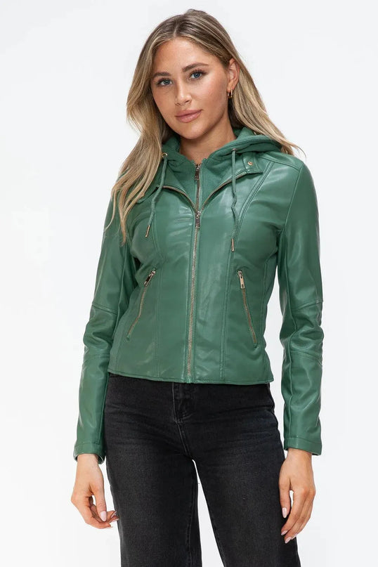 Snobbish Faux Leather Zip Up Drawstring Hooded Jacket - ShopEasier