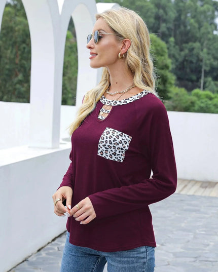 Leopard Print Cutout Long Sleeve Tee with Pocket