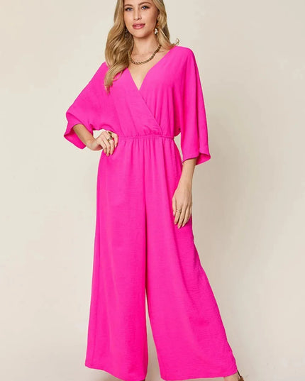 Double Take Full Size Surplice Wide Leg Jumpsuit with Pockets - ShopEasier