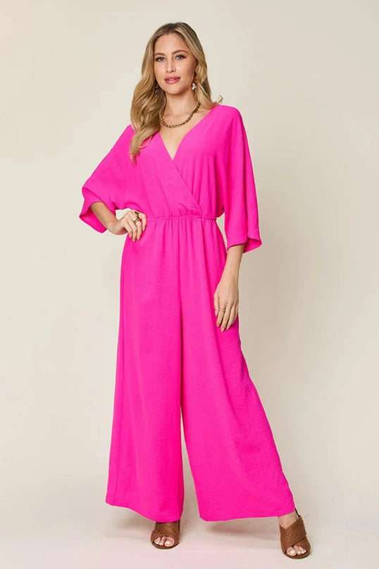 Double Take Full Size Surplice Wide Leg Jumpsuit with Pockets - ShopEasier