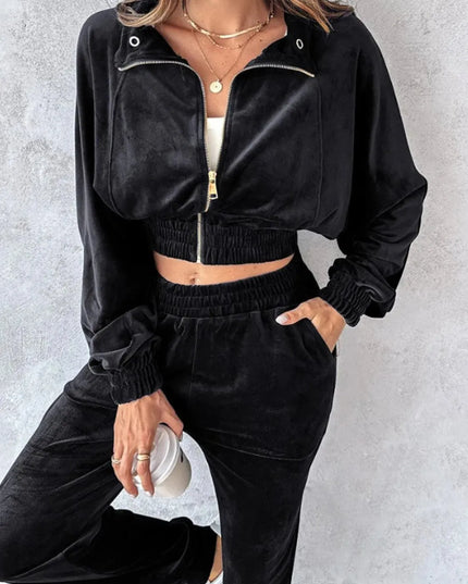 Zip Up Long Sleeve Cropped Top and Joggers Set - ShopEasier