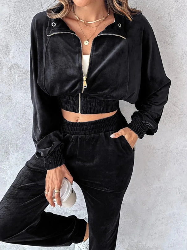 Zip Up Long Sleeve Cropped Top and Joggers Set - ShopEasier