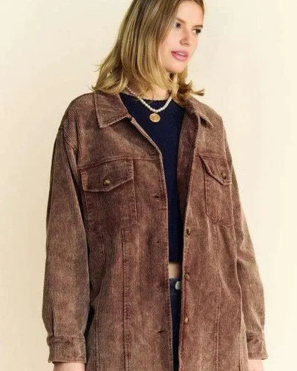 Trendy Washed Corduroy Raw Hem Button-Up Jacket by Davi & Dani