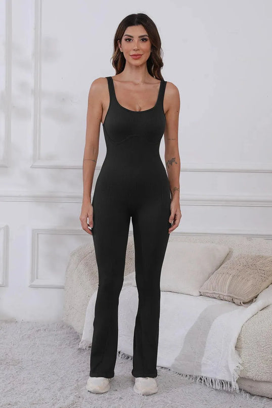 Scoop Neck Wide Strap Active Jumpsuit - ShopEasier