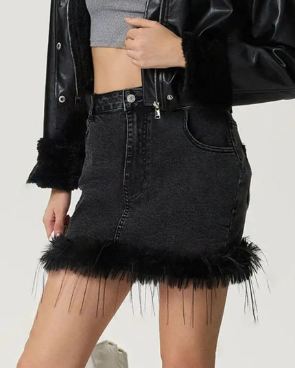 Plush Hem Mini Denim Skirt - ShopEasier