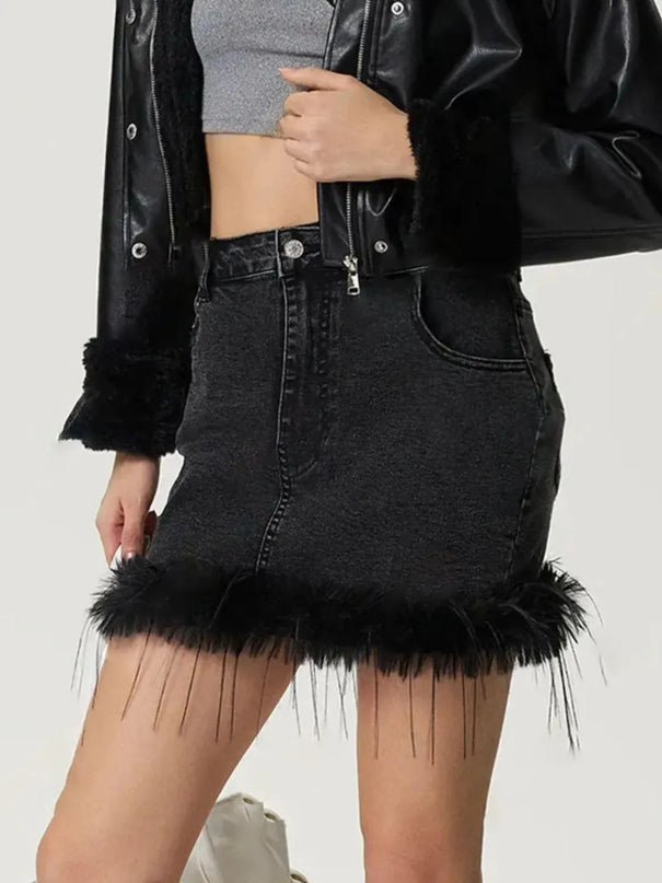 Plush Hem Mini Denim Skirt - ShopEasier