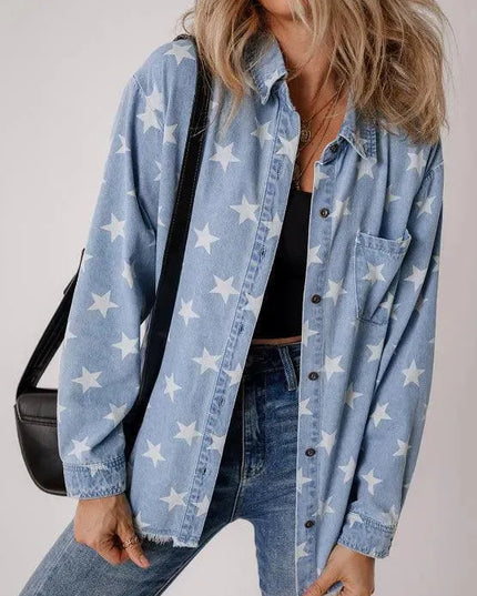 Raw Hem Star Collared Neck Denim Top - ShopEasier