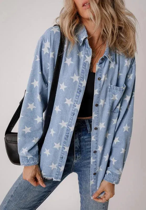 Raw Hem Star Collared Neck Denim Top - ShopEasier