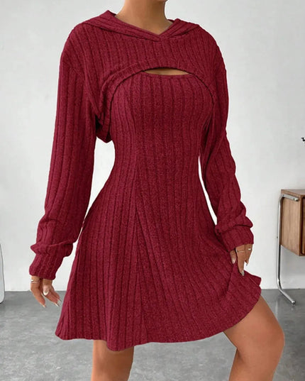 Wide Strap Dress and Long Sleeve Hooded Top Set