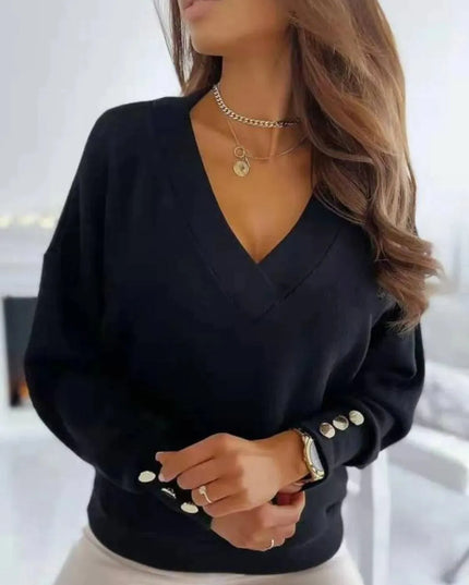 V-Neck Button-Detail Long Sleeve Pullover