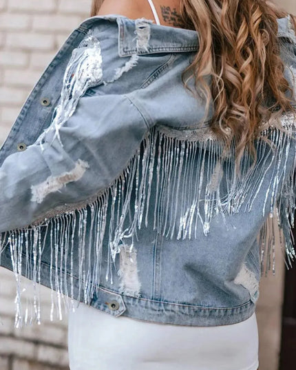 Sequin Fringe Trim Distressed Button Up Denim Jacket - ShopEasier