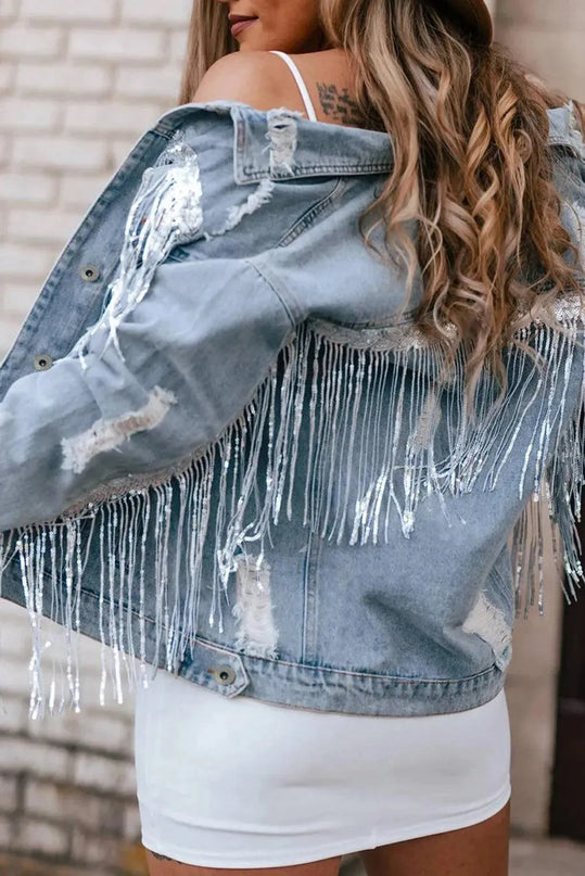 Sequin Fringe Trim Distressed Button Up Denim Jacket - ShopEasier