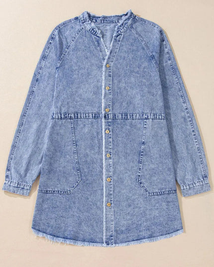 Raw Hem Button Down Long Sleeve Denim Dress - ShopEasier