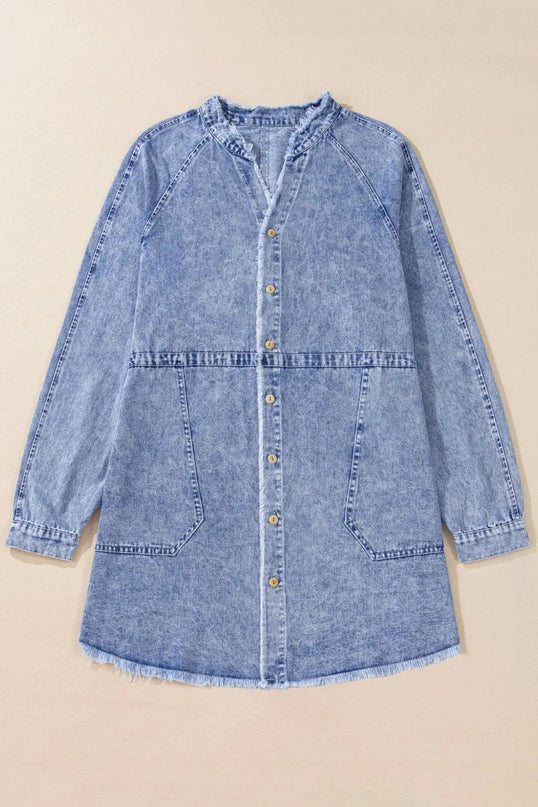 Raw Hem Button Down Long Sleeve Denim Dress - ShopEasier