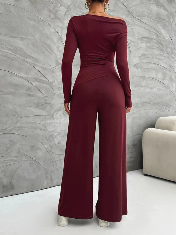 Chic Long Sleeve Top and Flowy Wide Leg Pants Ensemble