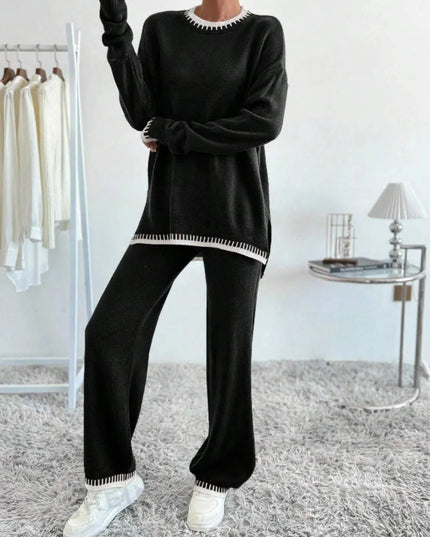 Side Slit Contrast Trim Round Neck Top and Pants Sweater Set