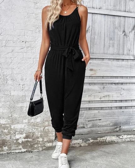 Scoop Neck Tie Waist Jumpsuit - ShopEasier