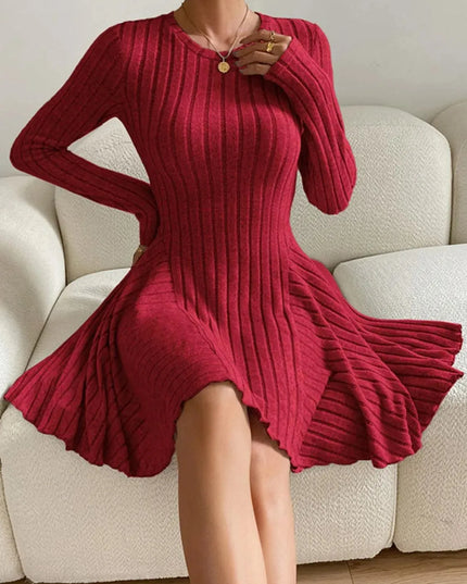 Ribbed Round Neck Long Sleeve Dress - ShopEasier