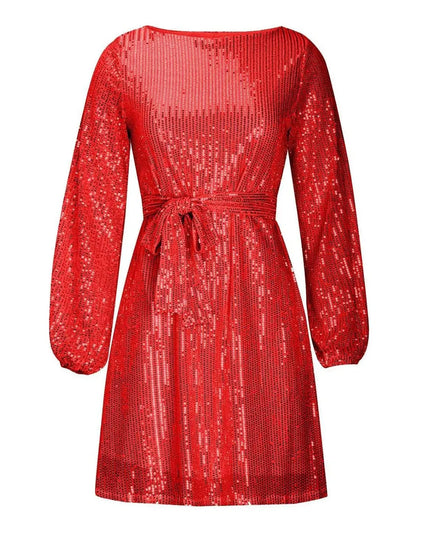 Sequin Tie Waist Long Sleeve Mini Dress