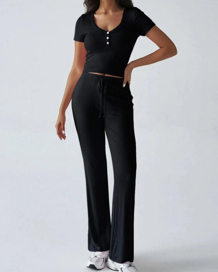 Devine Short Sleeve Top and Drawstring Pants Set - ShopEasier